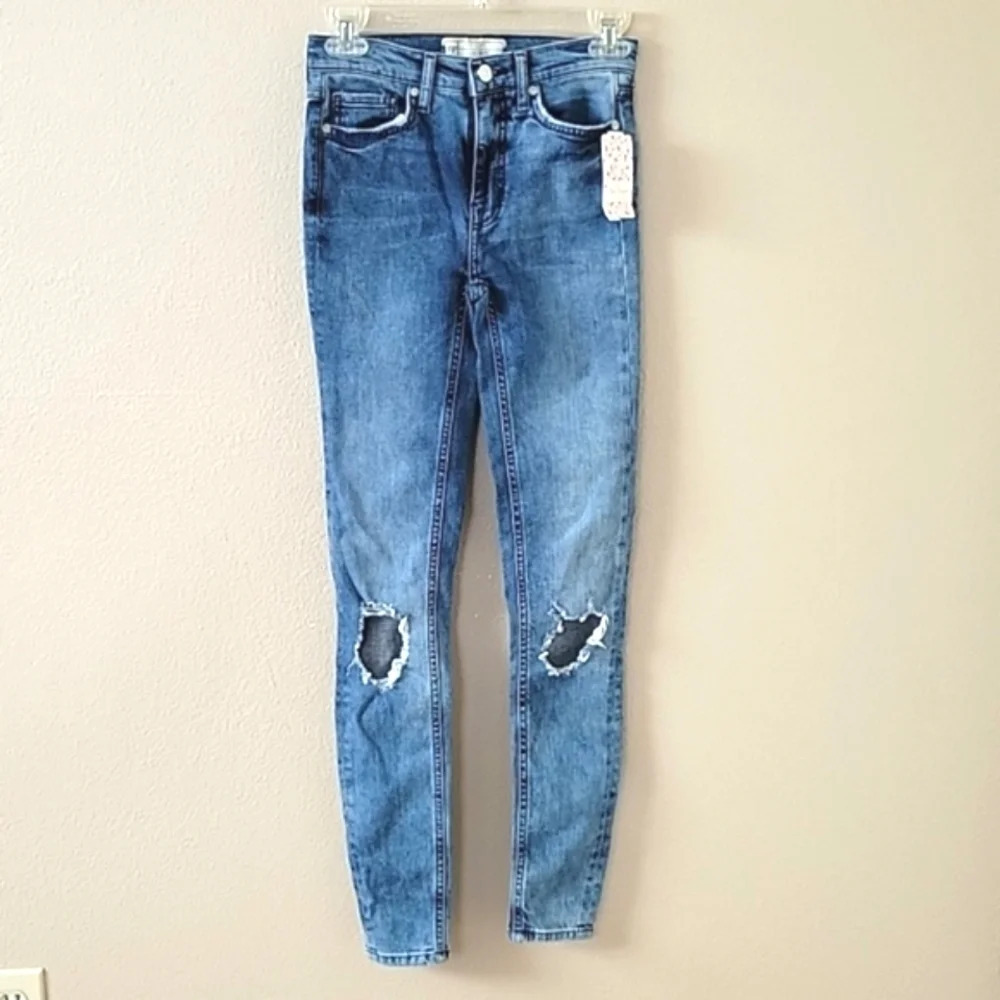 Free People Turquoise Busted Knee Skinny Jeans - Size 24